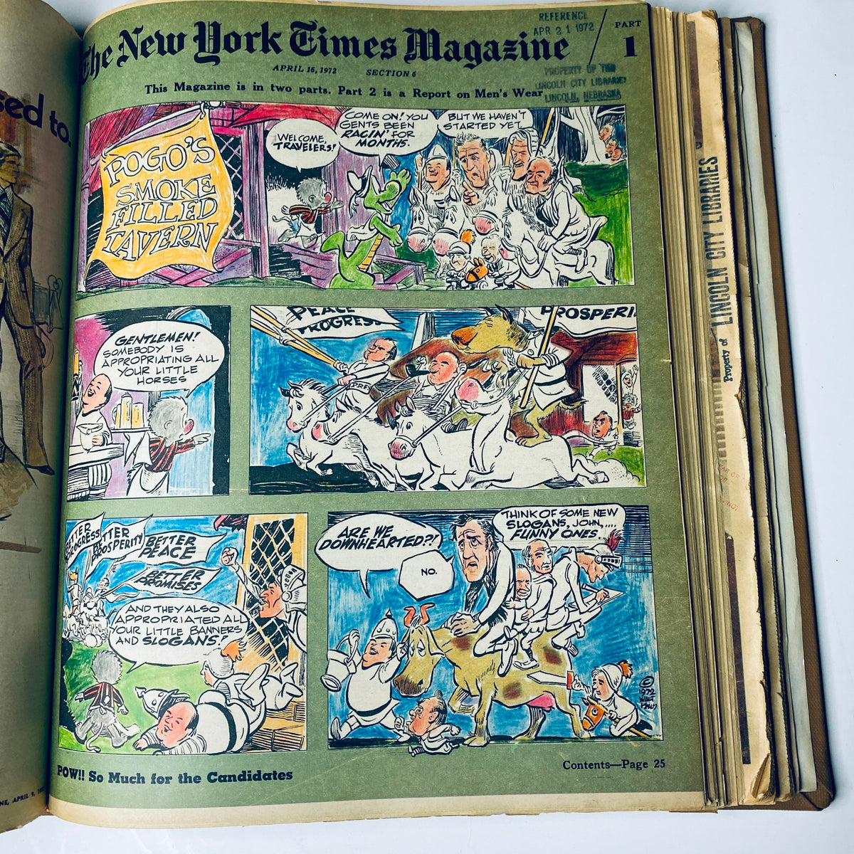 Interior page of The New York Times Magazine, April 16, 1972, showcasing a political cartoon featuring Pogo, with humor about candidates, part of the Spiderman Political Cartoon series.