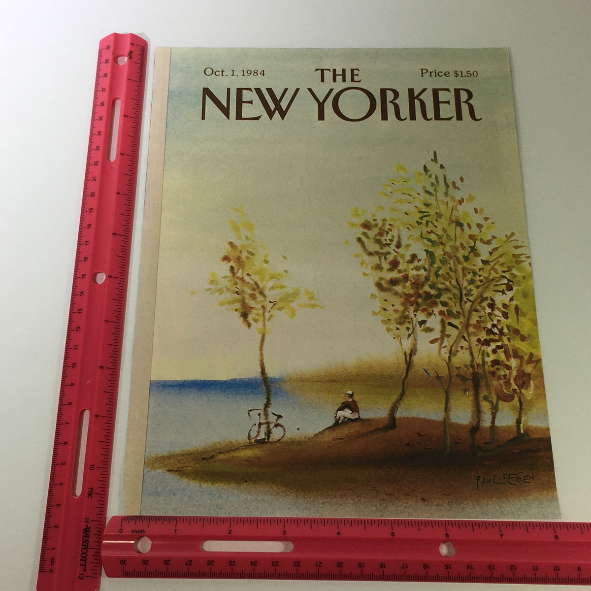 The New Yorker Magazine cover for October 1, 1984, showcasing Paul Degen's artistic design, with a focus on the landscape and a ruler for size comparison.