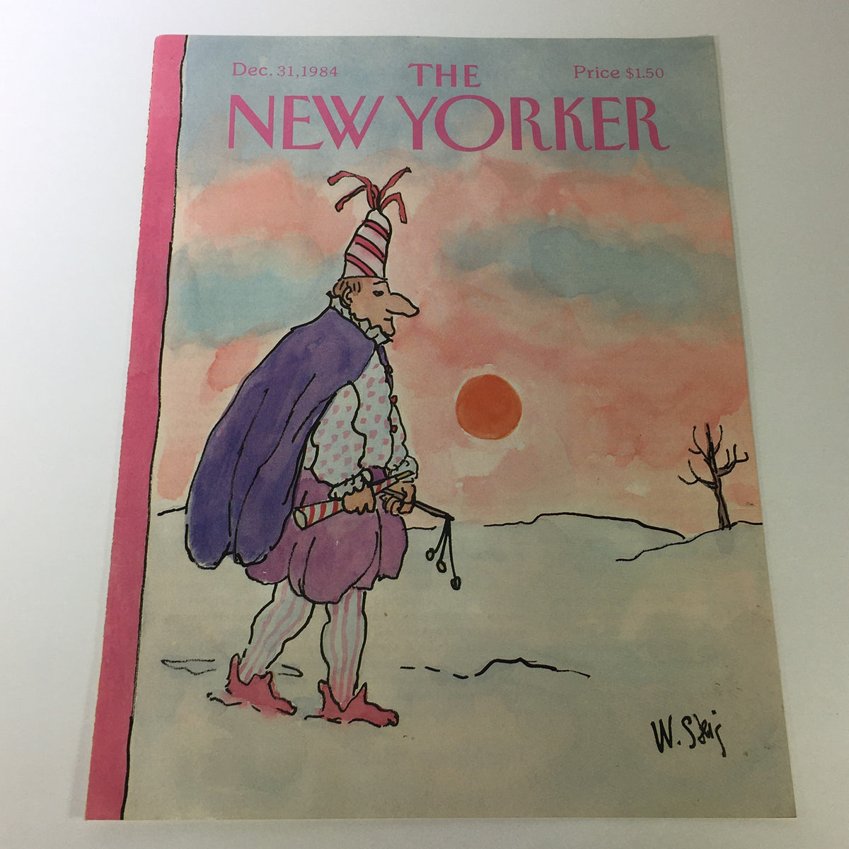 COVER ONLY - The New Yorker Magazine December 31 1984 - William Steig, featuring a whimsical illustration of a man in a cape and party hat walking in a snow-covered landscape during sunset.