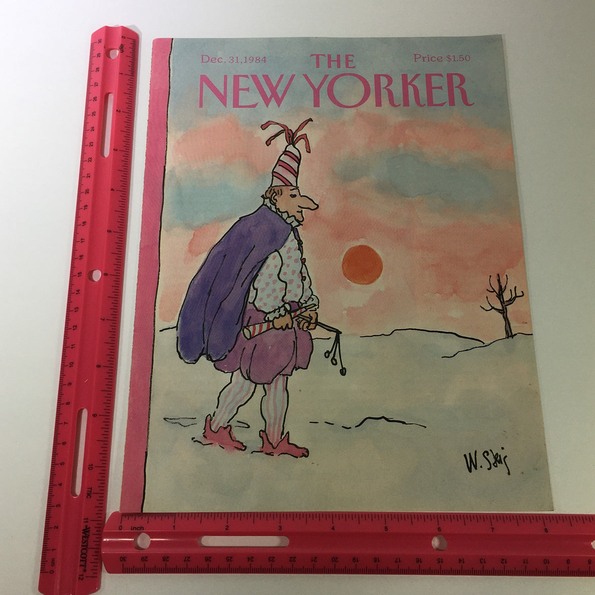 COVER ONLY - The New Yorker Magazine December 31 1984 - William Steig, showing the magazine with a ruler for scale, depicting a colorful cartoon illustration of a man in winter attire.