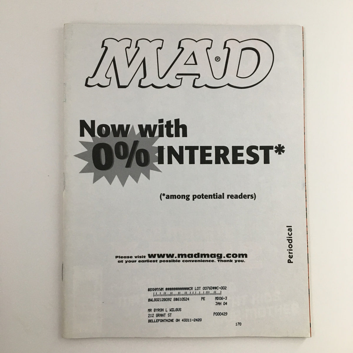 Back cover of Mad Magazine June 2003 #430 with text stating 'Now with 0% INTEREST' and magazine publication details.