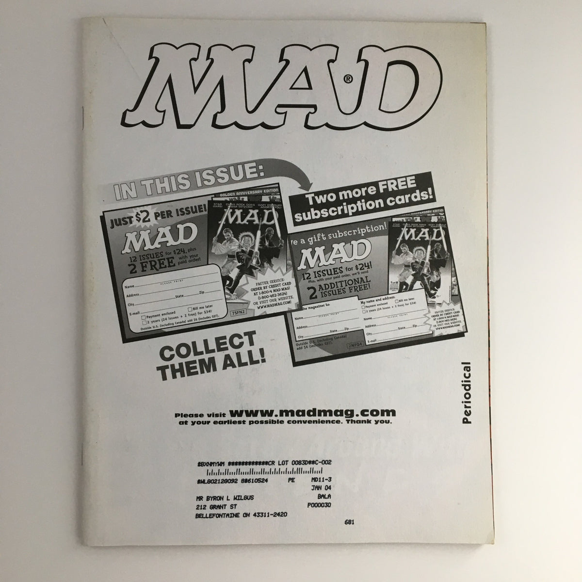 Cover of Mad Magazine November 2003 #435 featuring the Friends cast, showcasing the iconic Mad style with humor and satire.