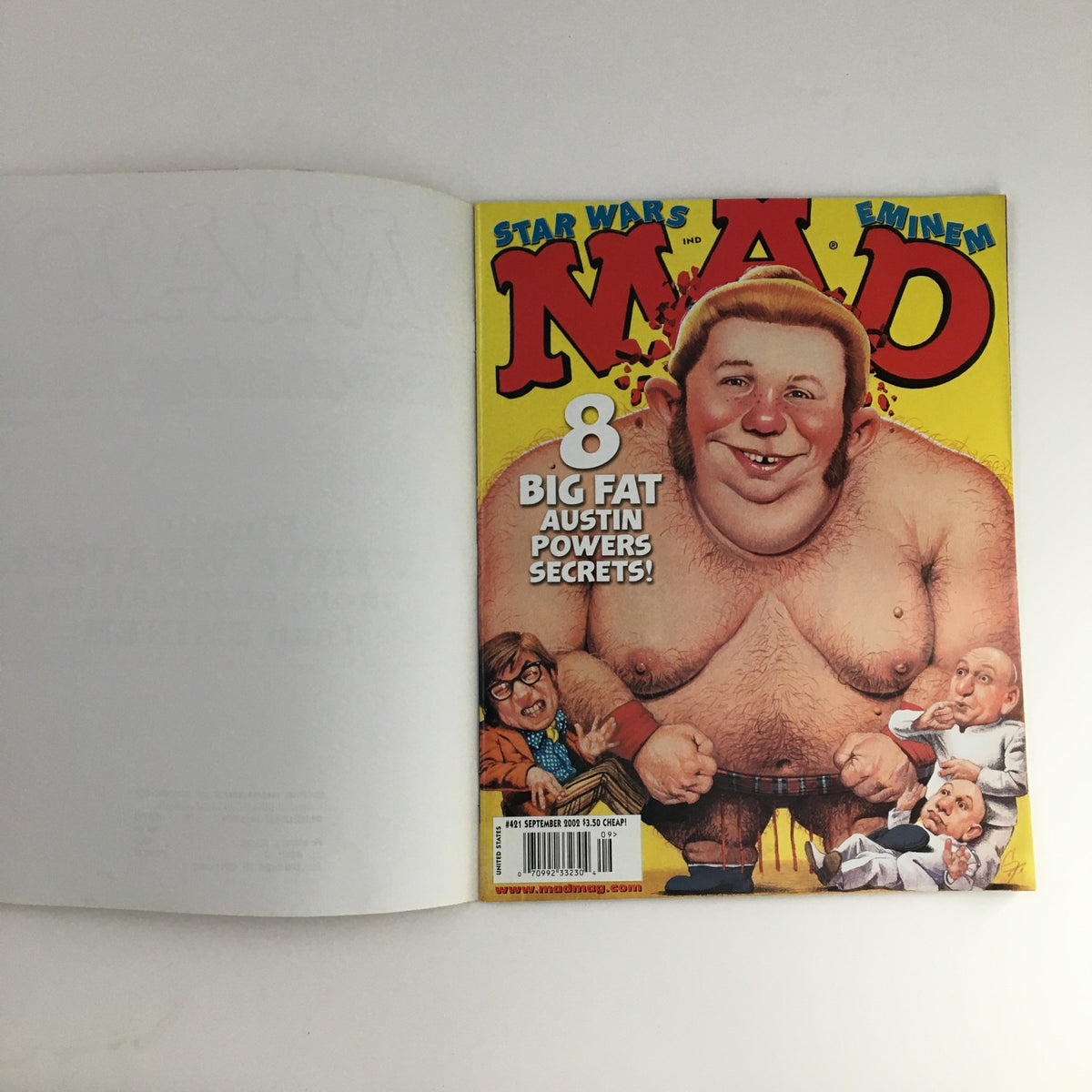 Cover of Mad Magazine September 2002 #421 featuring Austin Powers with humorous artwork and the title 'Big Fat Austin Powers Secrets'. A vintage collectible issue reflecting early 2000s pop culture.