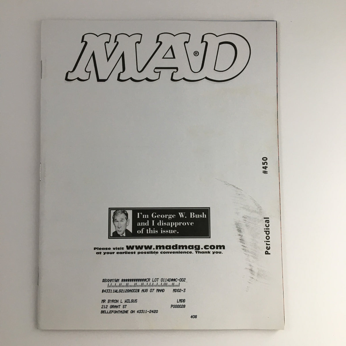 Back cover of Mad Magazine February 2005 #450 featuring a simple design and a humorous comment from George W. Bush.