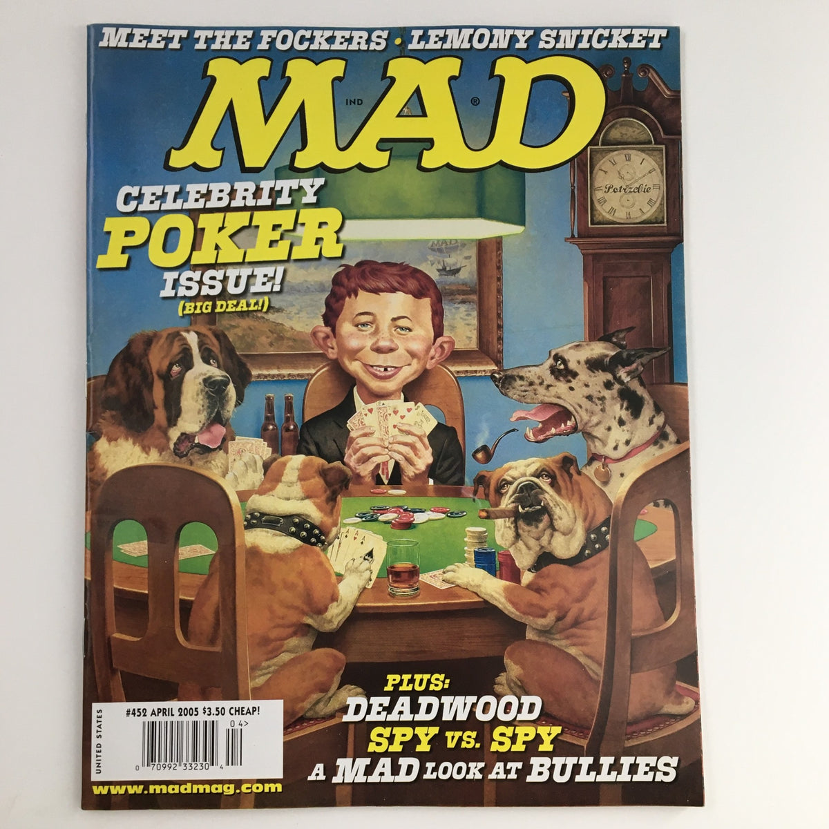 Cover of Mad Magazine April 2005 #452 Celebrity Poker Issue featuring a humorous illustration of characters playing poker with dogs, showcasing the celebrity poker theme.