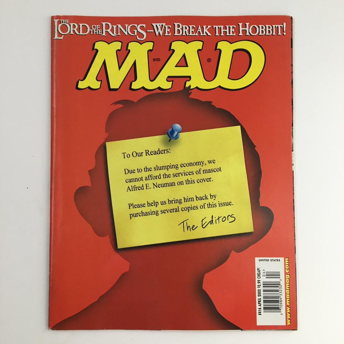 Cover of Mad Magazine April 2002 #416 featuring a humorous illustration with a note about Alfred E. Neuman, related to The Lord of the Rings and The Hobbit.