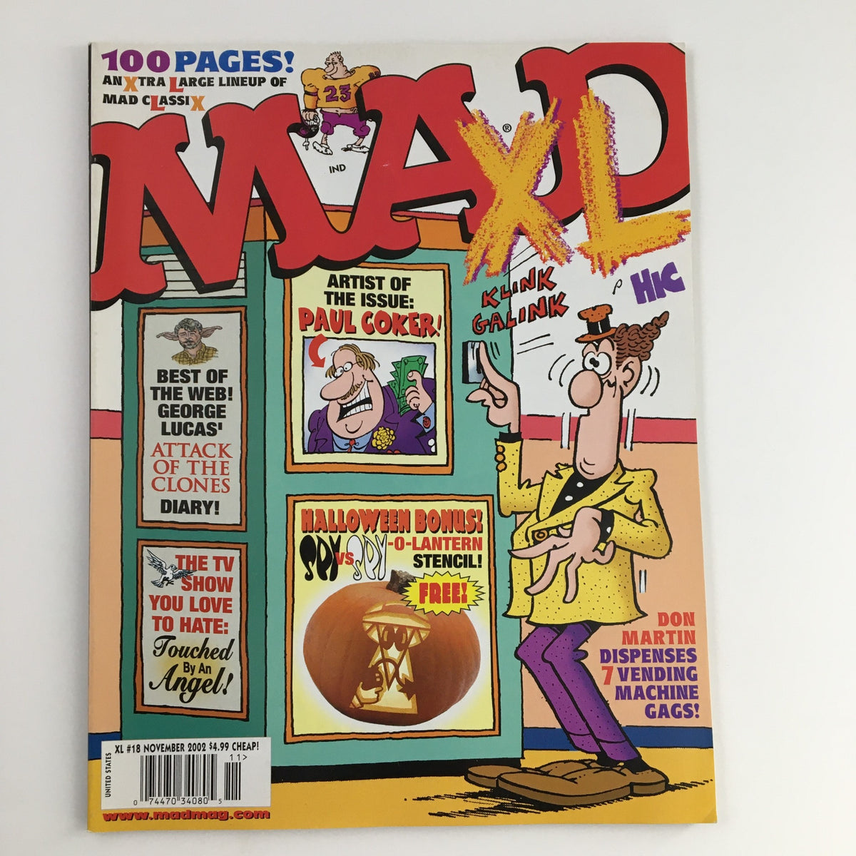 Cover of Mad XL Magazine November 2002 #18 featuring a colorful design with characters in humorous poses, highlighted as 'Attack of the Clones Diary.'