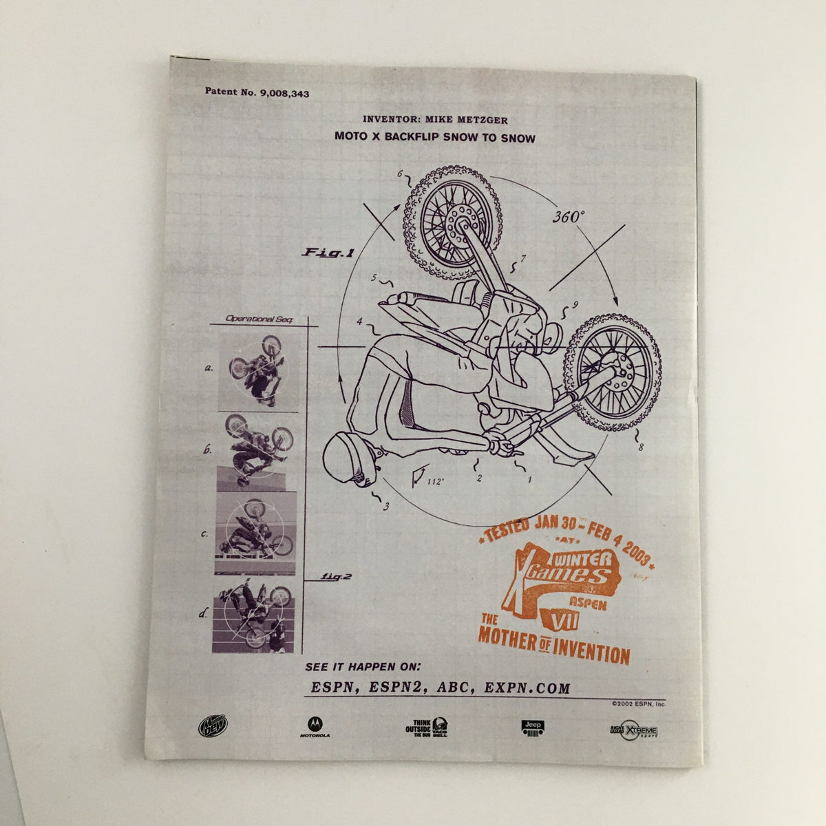 Back cover design of Mad XL Magazine January 2003 #19 featuring a patent for Moto X backflip snow to snow, highlighting Mike Metzger's invention.