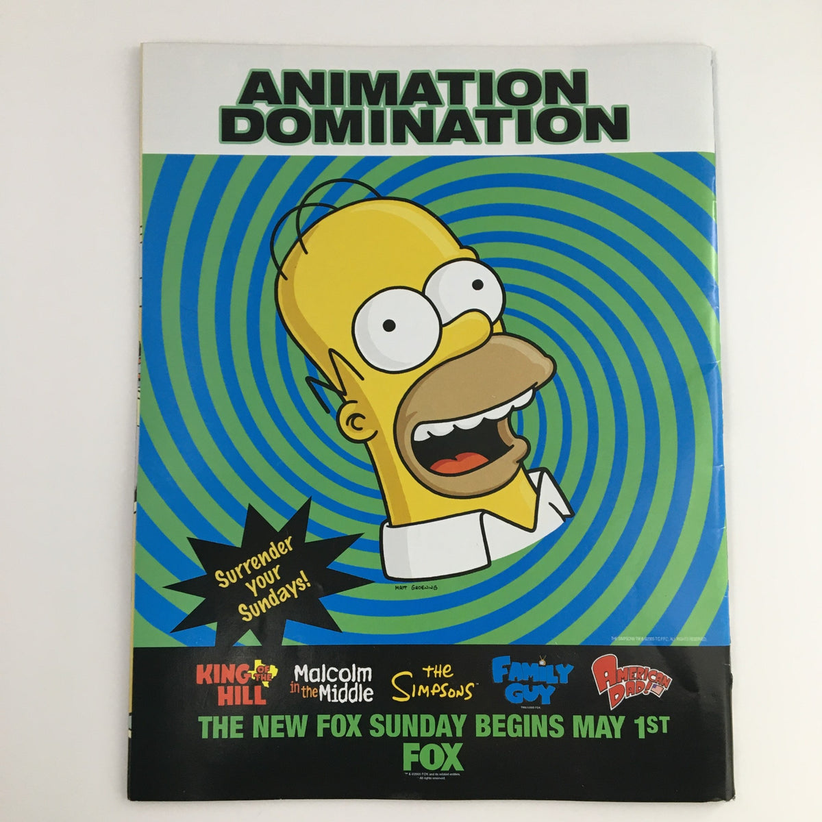 Back cover of Mad Magazine May 2005 #453 showcasing a promotional advertisement for Animation Domination featuring the character Homer Simpson from The Simpsons.