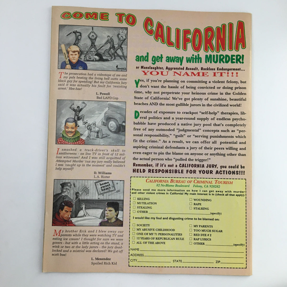 Back cover of Mad Magazine September 1994 #330 featuring a satirical advertisement titled 'Come to California and get away with MURDER!' with humorous illustrations and text.