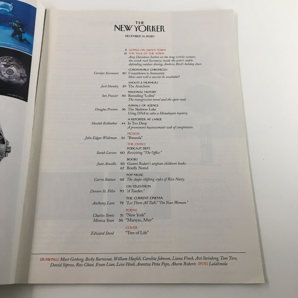 The New Yorker Full Magazine December 14 2020 Table of Contents featuring articles and illustrations, including one titled 'Tree of Life' by Edward Steed.
