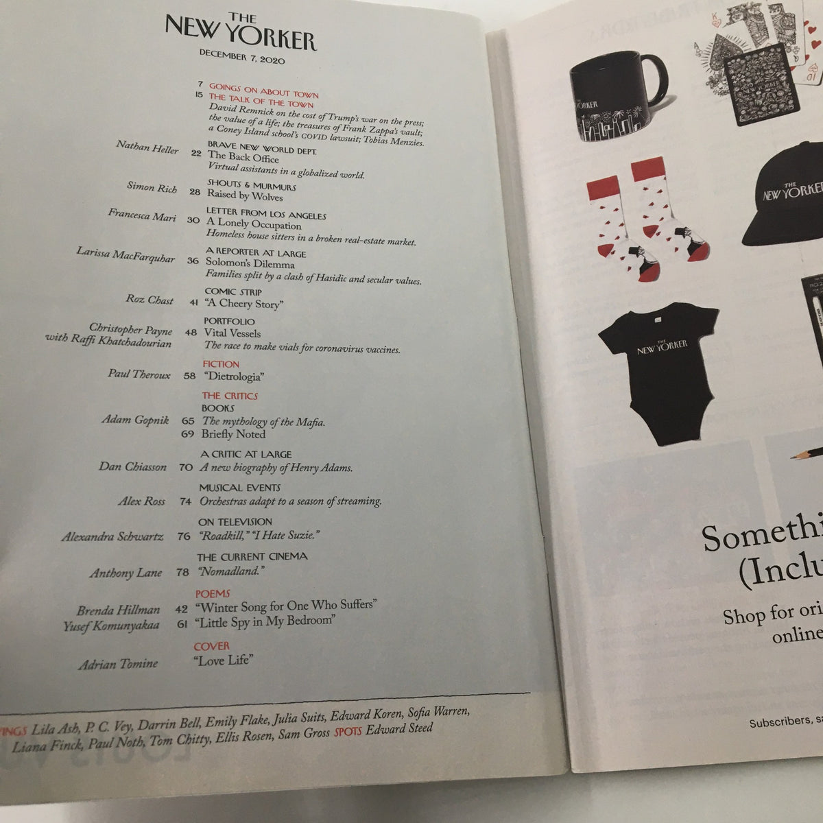 The interior page of The New Yorker Full Magazine December 7 2020, showcasing the table of contents and features, including insights and articles related to modern relationships.