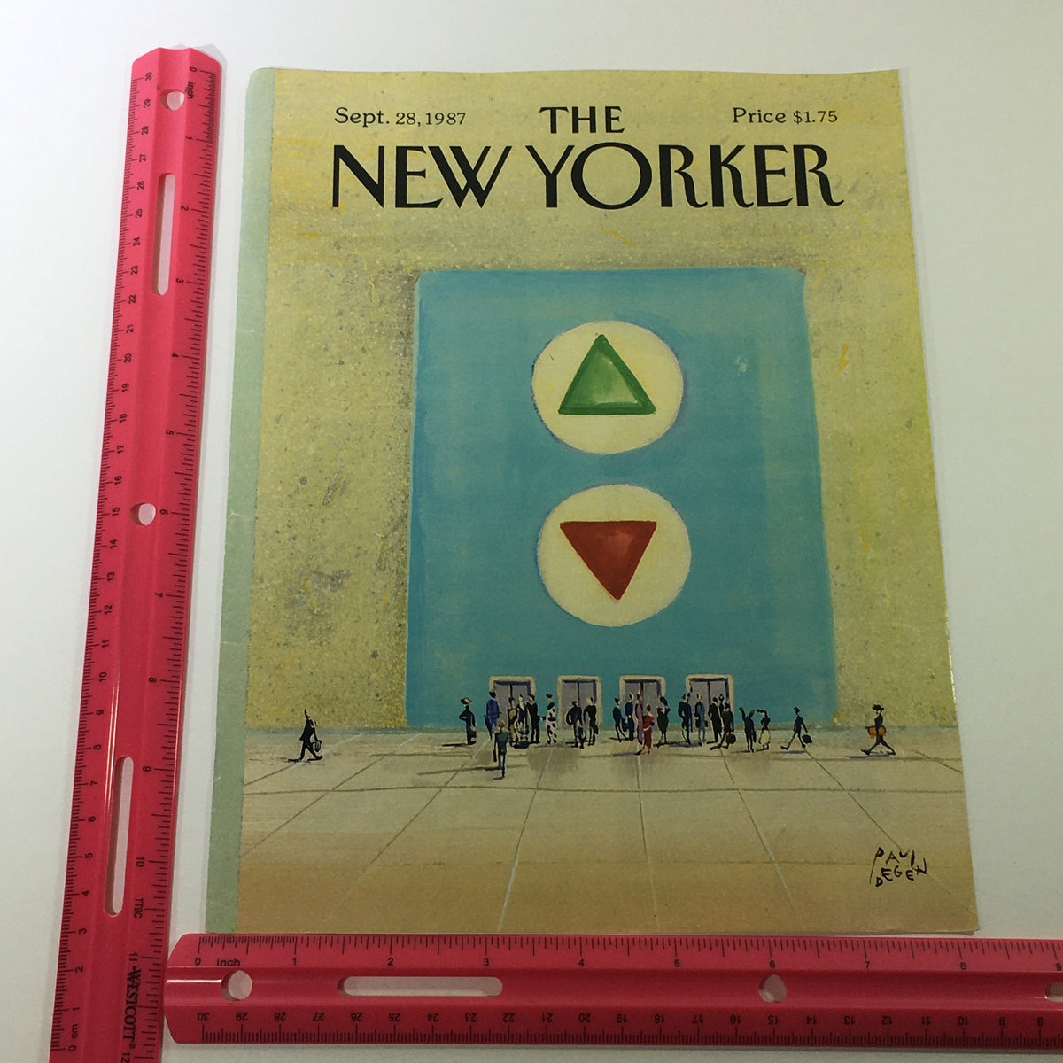 COVER ONLY - The New Yorker Magazine September 28 1987 by Paul Degen, displayed with a ruler for size reference, illustrating a vibrant scene with geometric shapes and figures.