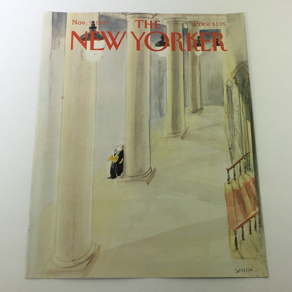 COVER ONLY - The New Yorker Magazine November 9 1987 featuring a unique illustration by Jean Jacques-Sempe, showcasing columns and a whimsical character.