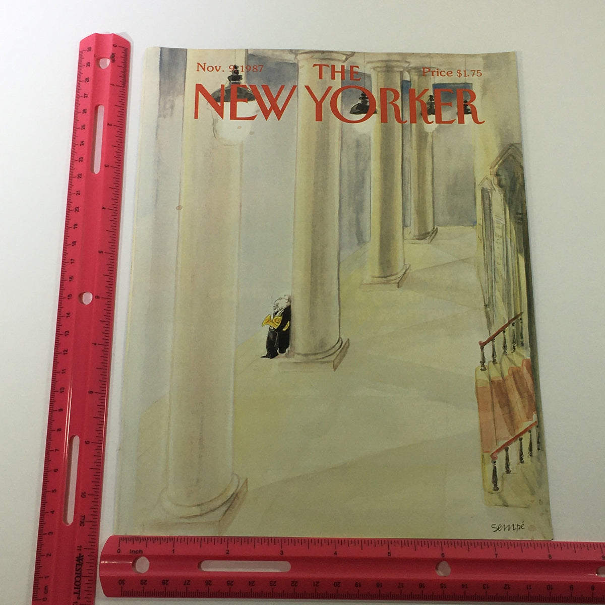 COVER ONLY - The New Yorker Magazine November 9 1987, highlighting an artistic cover by Jean Jacques-Sempe with a character leaning against a column.