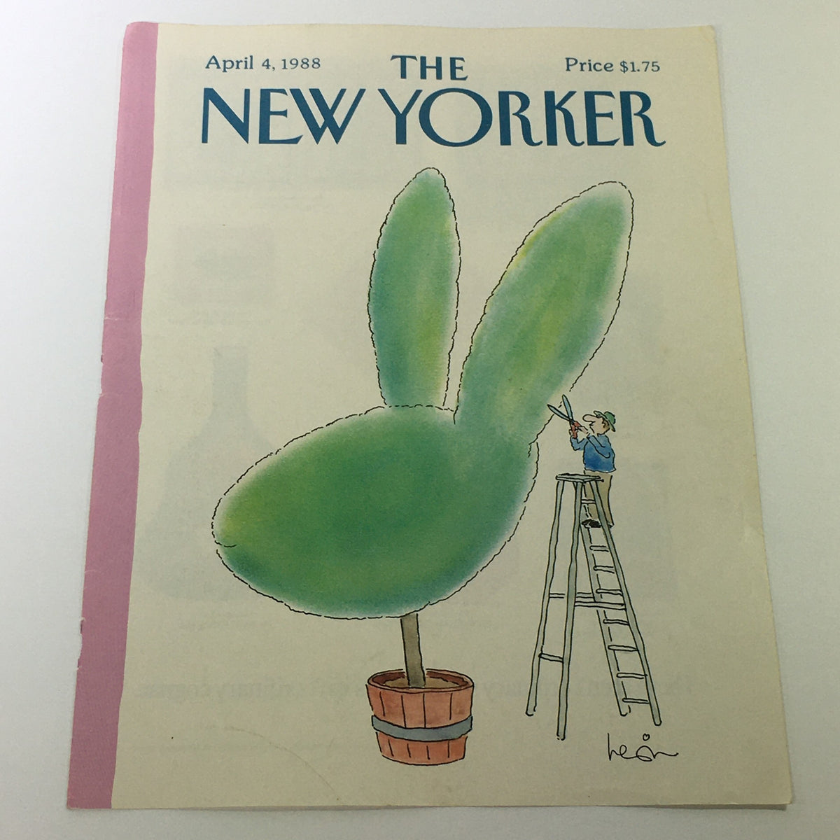 COVER ONLY - The New Yorker Magazine April 4 1988 featuring whimsical artwork of a topiary shaped like bunny ears, artistically designed by Heidi Goennel.