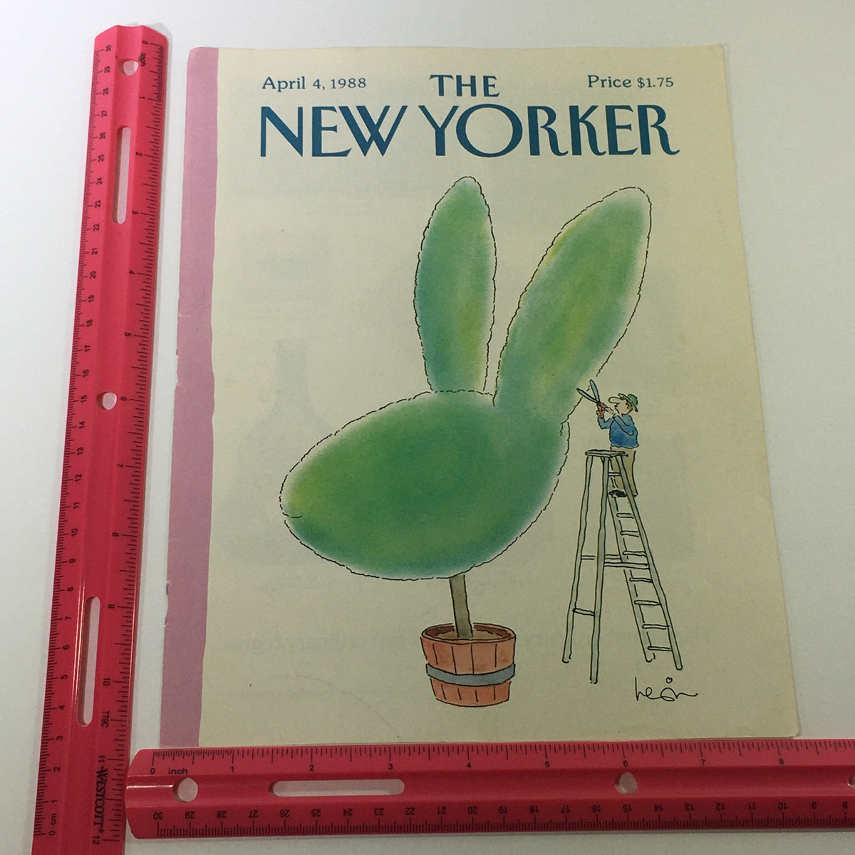 Measurement comparison of the COVER ONLY - The New Yorker Magazine April 4 1988, featuring a whimsical topiary bunny ears design beside a pink ruler for scale.