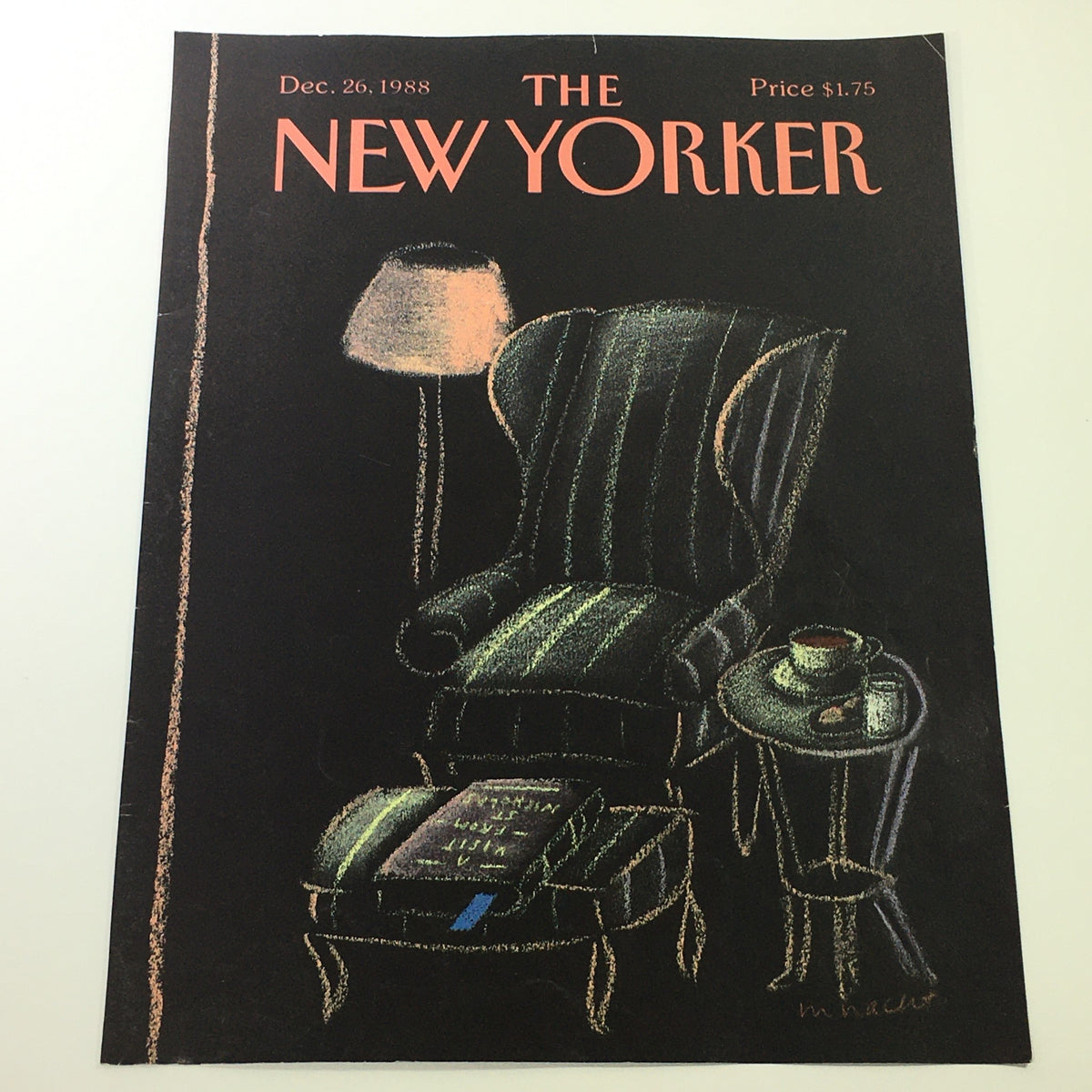 Cover of The New Yorker Magazine from December 26, 1988, featuring a cozy chair, lamp, and coffee table illustration by Merle Nacht.