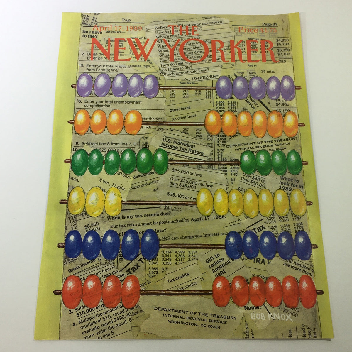 COVER ONLY - The New Yorker Magazine April 17 1989 by Bob Knox featuring colorful abacus and tax forms backdrop.