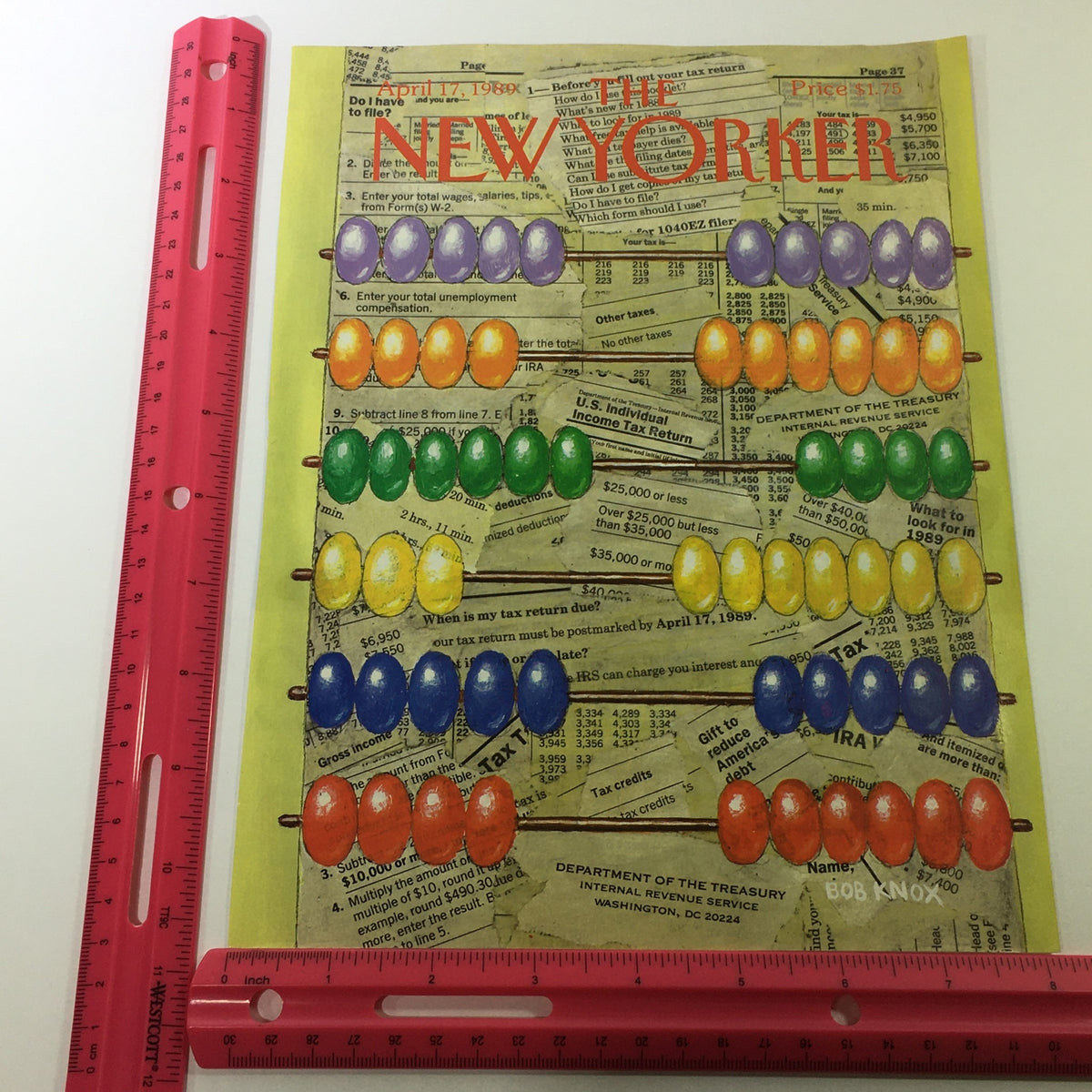 COVER ONLY - The New Yorker Magazine April 17 1989 by Bob Knox with a ruler for size comparison, highlighting vibrant artwork related to taxes.