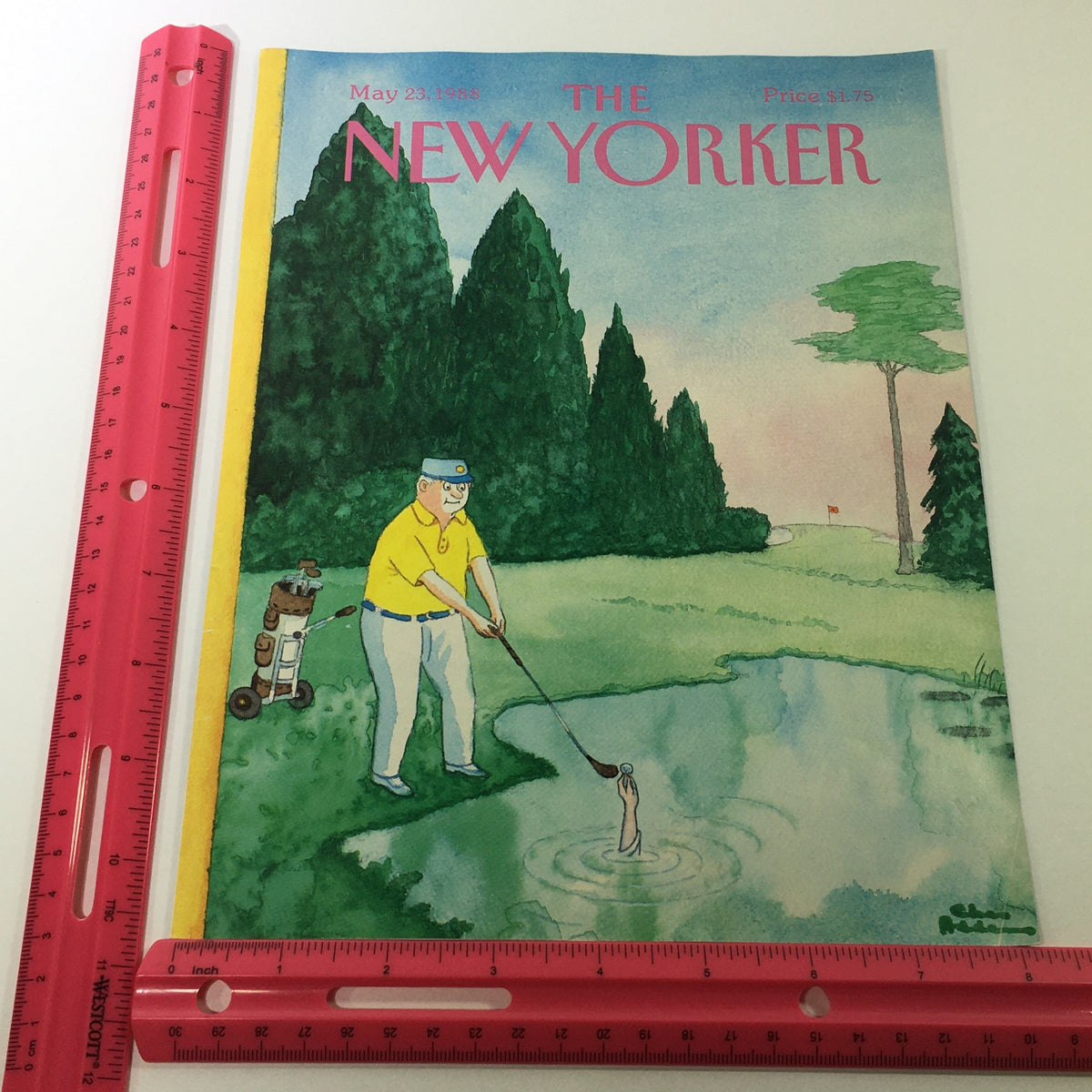 Cover of The New Yorker Magazine dated May 23, 1988, illustrated by Chas Addams, featuring a whimsical golfer with a humorous twist, capturing the signature style of Addams.