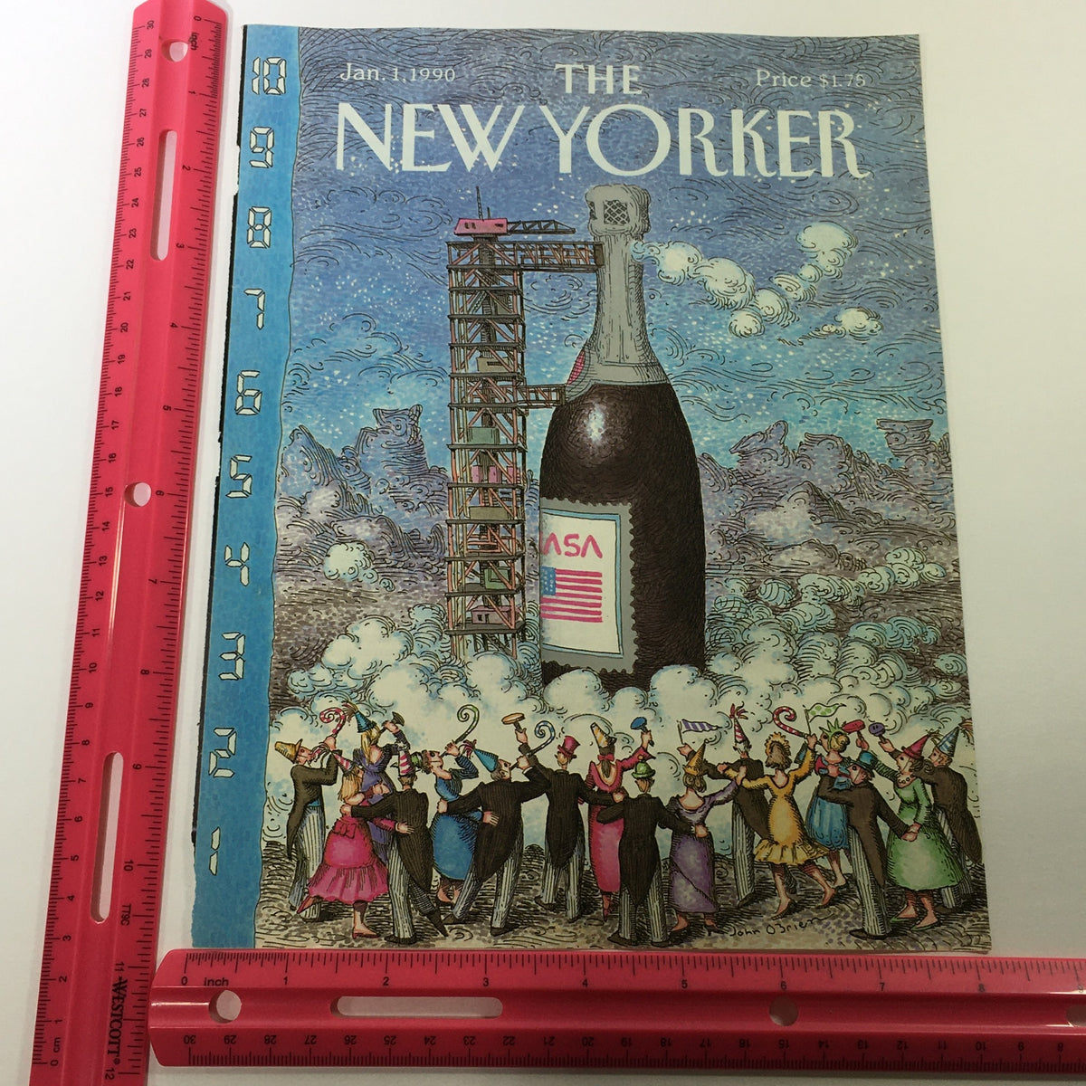 COVER ONLY - The New Yorker Magazine January 1 1990 with a ruler for scale, demonstrating the dimensions of the illustrated cover by John O'Brien.