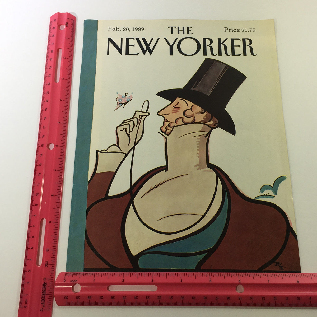 The New Yorker Magazine cover for February 20, 1989, displayed alongside a ruler for size reference, highlighting the artistic illustration by Rea Irving of a gentleman with a whimsical demeanor.
