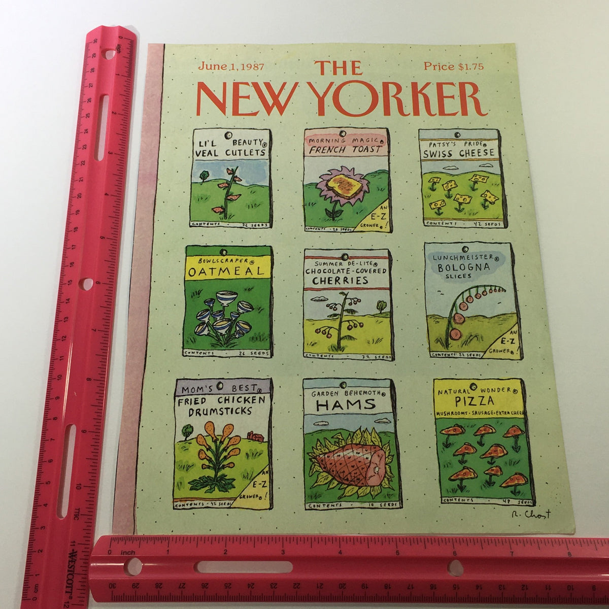 COVER ONLY - The New Yorker Magazine June 1 1987 - Roz Chast capturing illustrated food packaging labels such as fried chicken drumsticks and pizza on a magazine cover with a ruler for size reference.