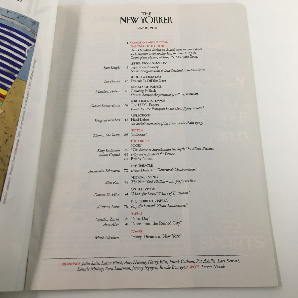 The New Yorker Full Magazine May 10 2021 inside page listing the contents, including 'Hoop Dreams in New York' cover and feature articles.