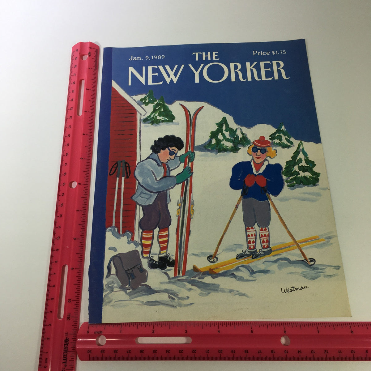 Full view of the COVER ONLY - The New Yorker Magazine January 9 1989 - Barbara Westman with vibrant snow sports theme, featuring two skiers against a winter landscape and a visible ruler for scale.