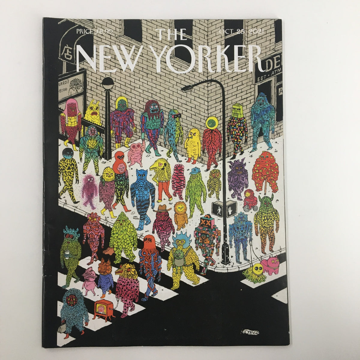 Cover of The New Yorker Full Magazine October 25, 2021, titled 'Beasts and Beauties' by Edward Steed, showcasing colorful and whimsical illustrations of various characters on a city street.