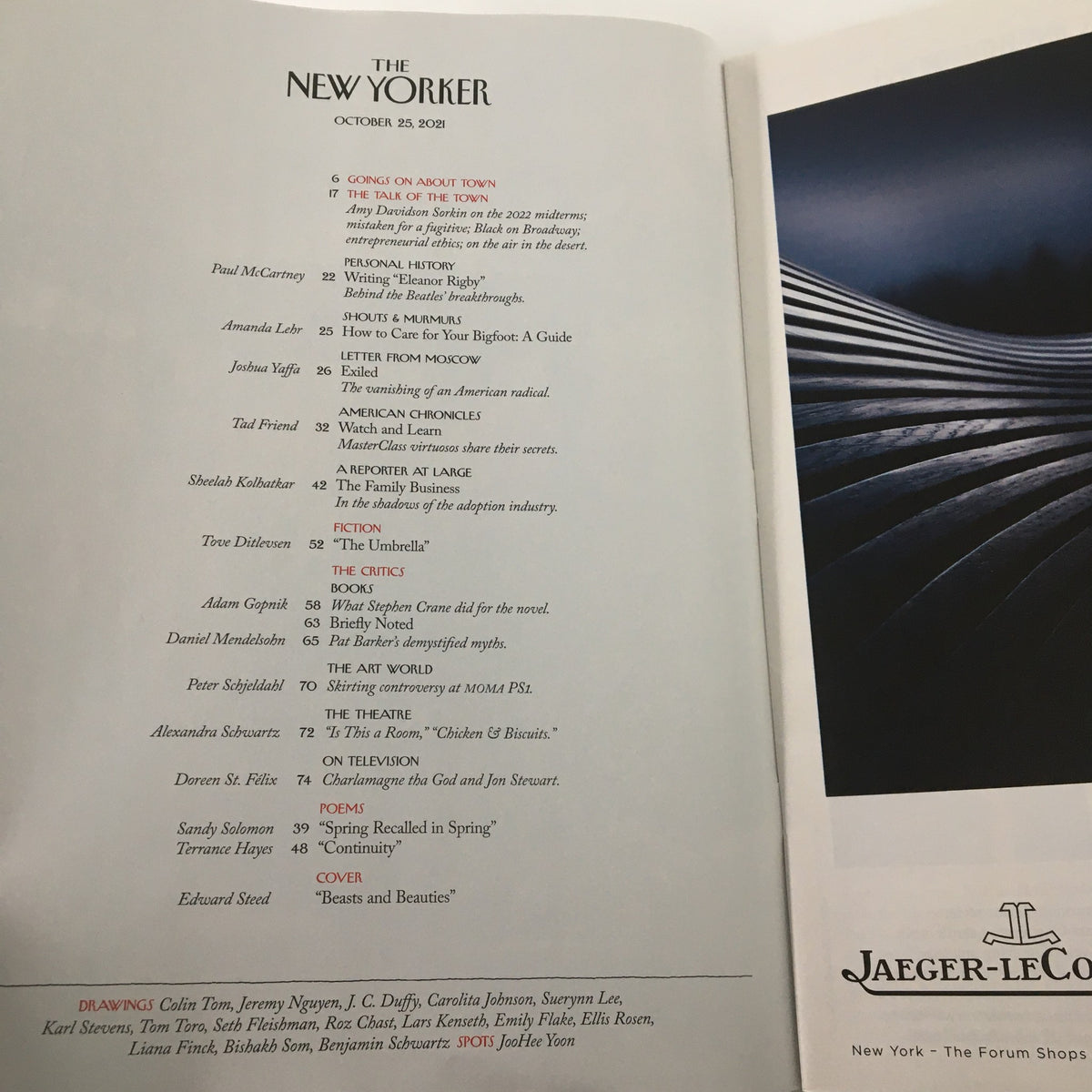 Table of contents from The New Yorker Full Magazine October 25, 2021, featuring articles by Paul McCartney, Joshua Yaffa, and Edward Steed's cover art 'Beasts and Beauties'.