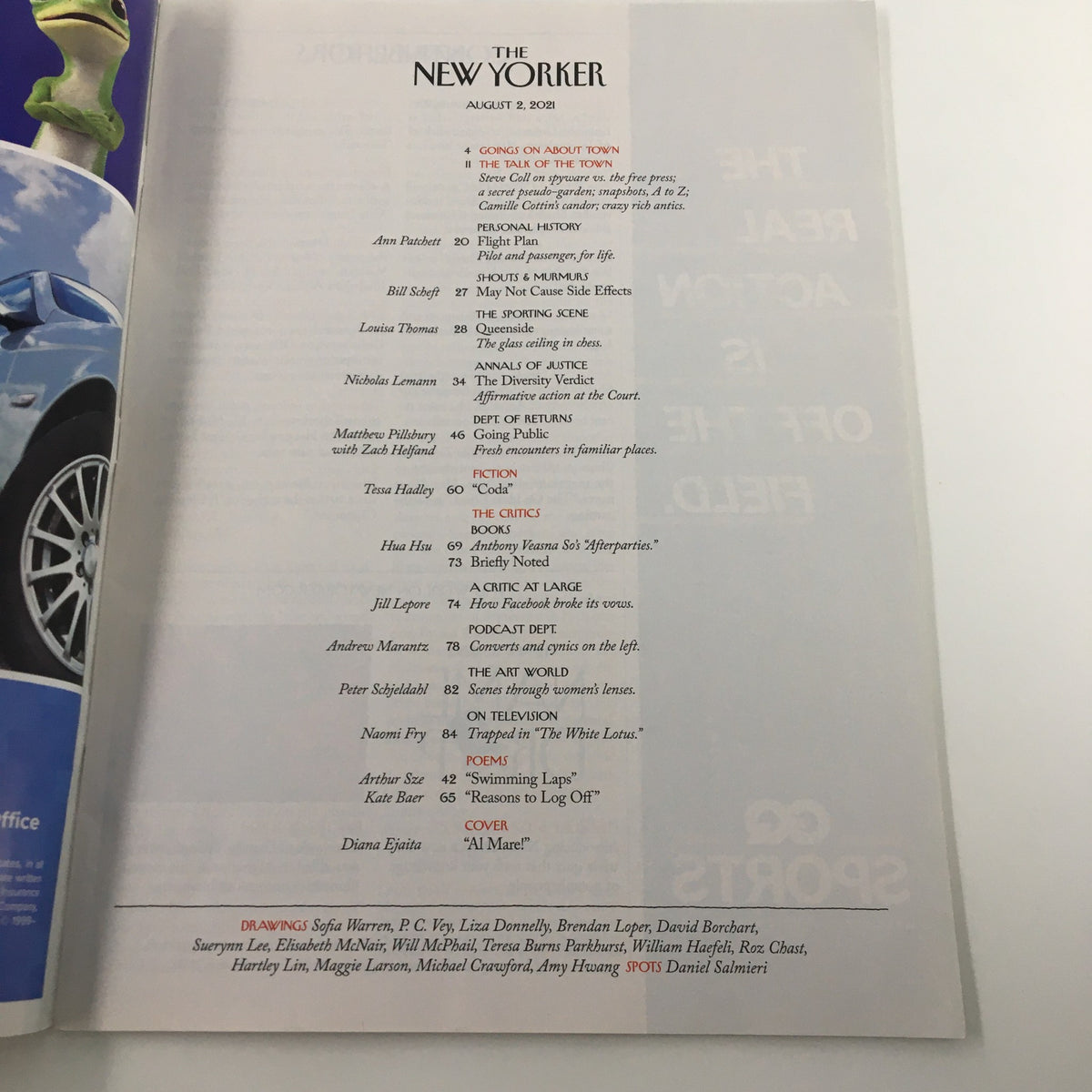 Table of contents from The New Yorker Full Magazine August 2 2021, showcasing articles and contributors including Diana Ejaita.