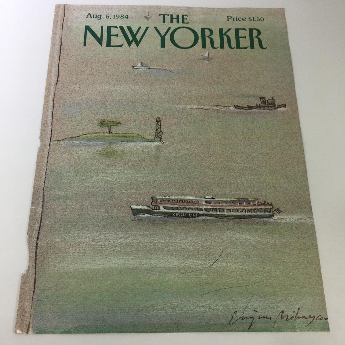 Cover of The New Yorker Magazine August 6, 1984, featuring artwork by Eugene Mihaesco, depicting boats and landscape.