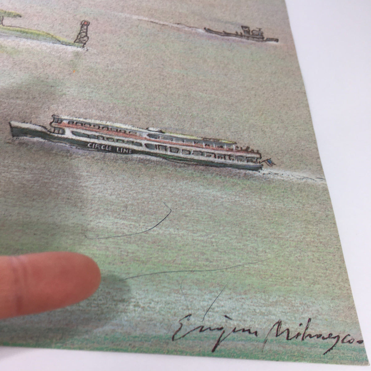 Detail of the illustrated boats on The New Yorker Magazine cover, August 6, 1984, highlighting the signature of artist Eugene Mihaesco.