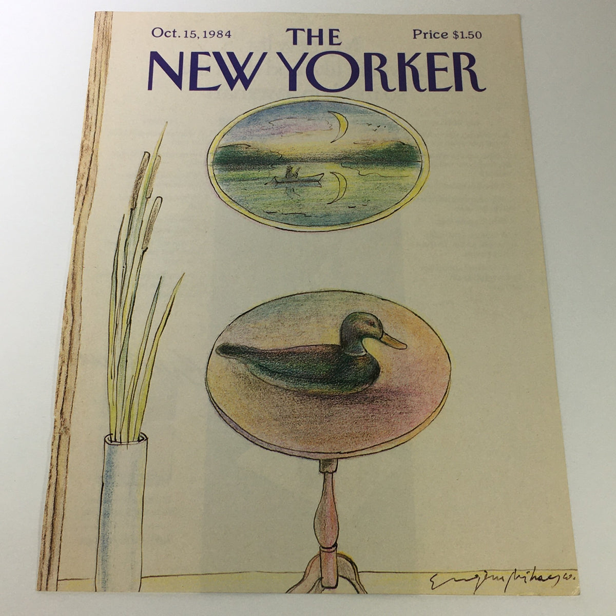 Cover of The New Yorker Magazine dated October 15, 1984, featuring artwork by Eugene Mihaesco. The cover showcases hand-drawn illustrations of a serene lake scene and a duck, framed by decorative elements. Perfect for collectors and art enthusiasts.