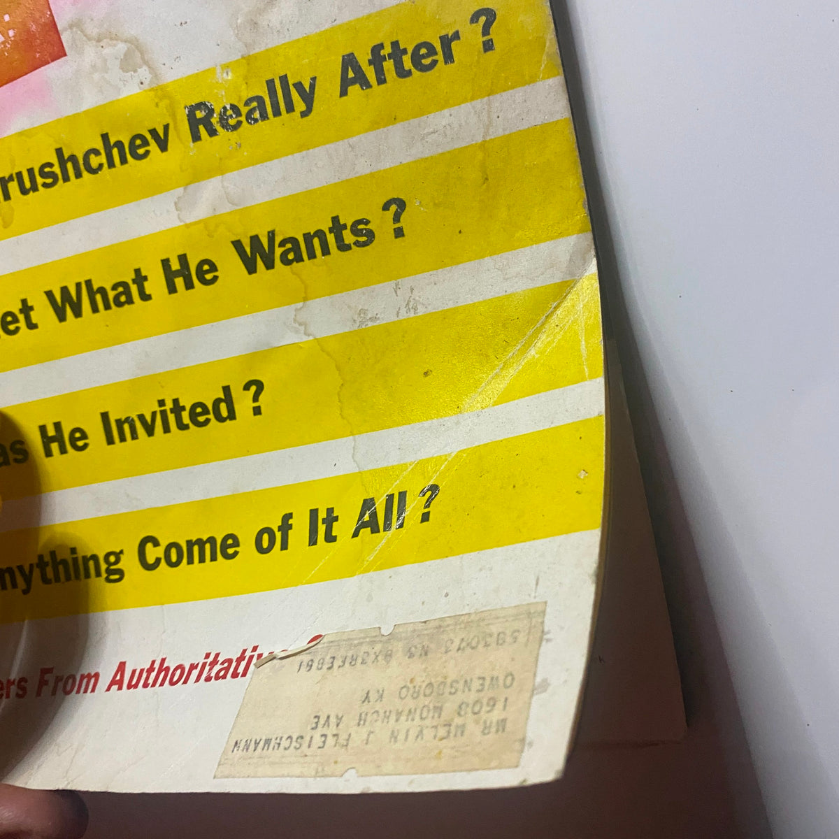Back cover of the US News & World Report Magazine from September 21, 1959, featuring questions of the era such as 'What is Khrushchev Really After?' and details about the magazine's ownership.