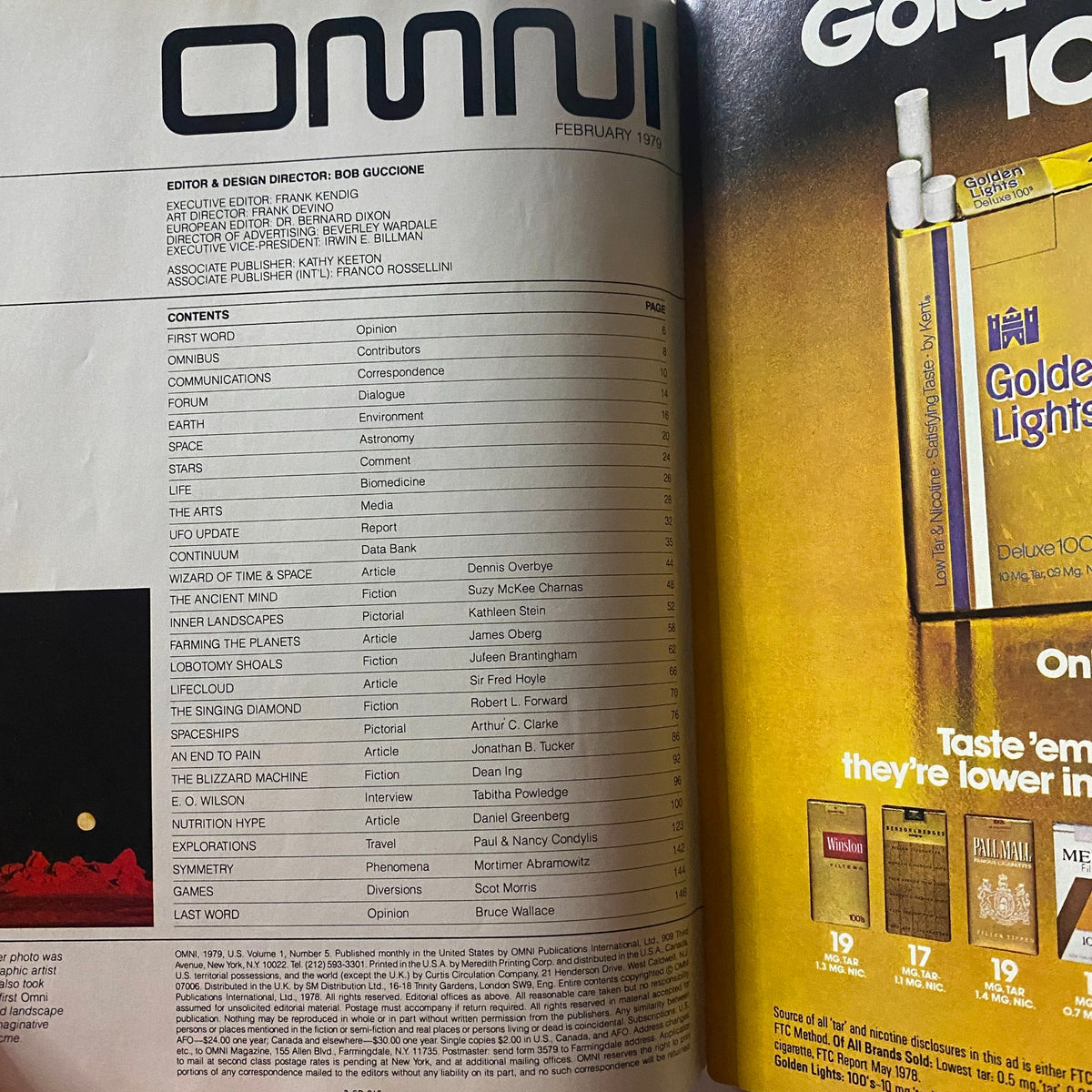 Inside page of VTG Omni Magazine February 1979 displaying the table of contents, highlighting articles on space, time, and contributions from various authors.