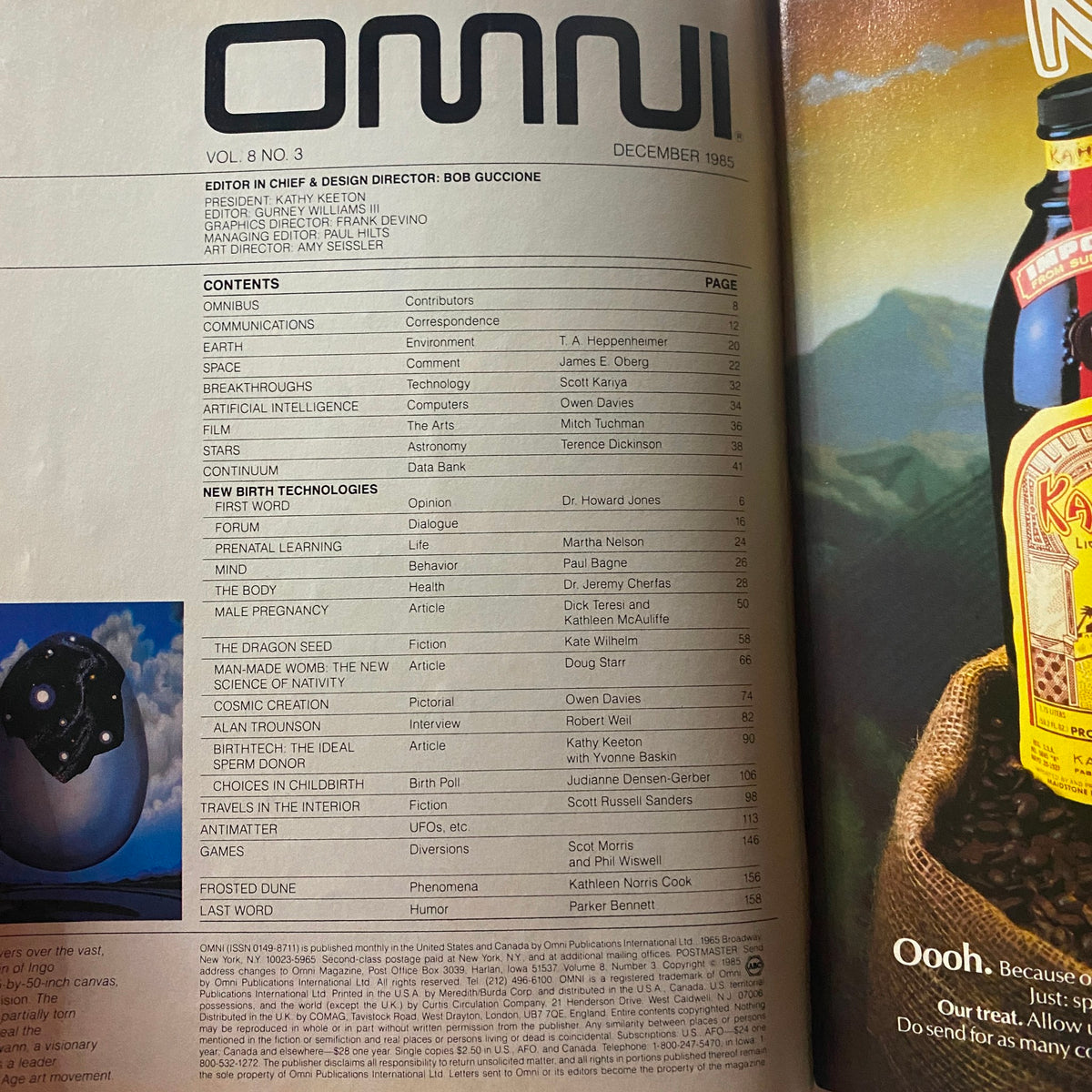 Omni Magazine December 1985 table of contents featuring New Birth Technologies, including articles on male pregnancy and cutting-edge advancements in reproductive science.