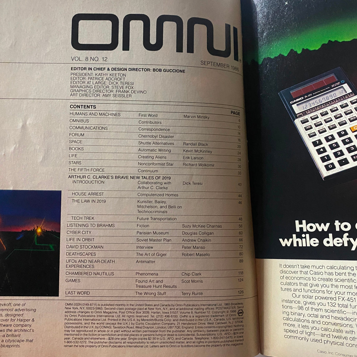 Inside page of VTG Omni Magazine September 1986 displaying the table of contents, listing articles including 'Arthur C. Clarke's Brave New Tales of 2019' and 'The Fifth Force,' encapsulating the magazine's focus on space and science fiction.
