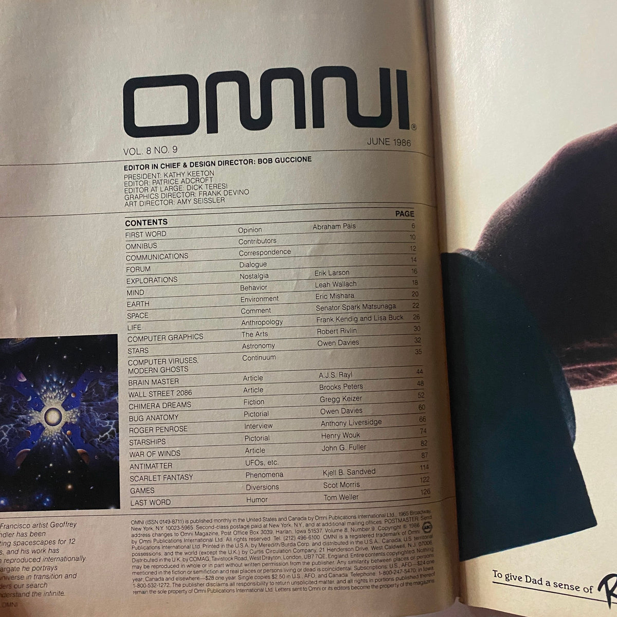 Contents page of Omni Magazine June 1986, detailing articles on various topics including 'Wall Street 2086' and 'Computer Viruses', showcasing its diverse content.
