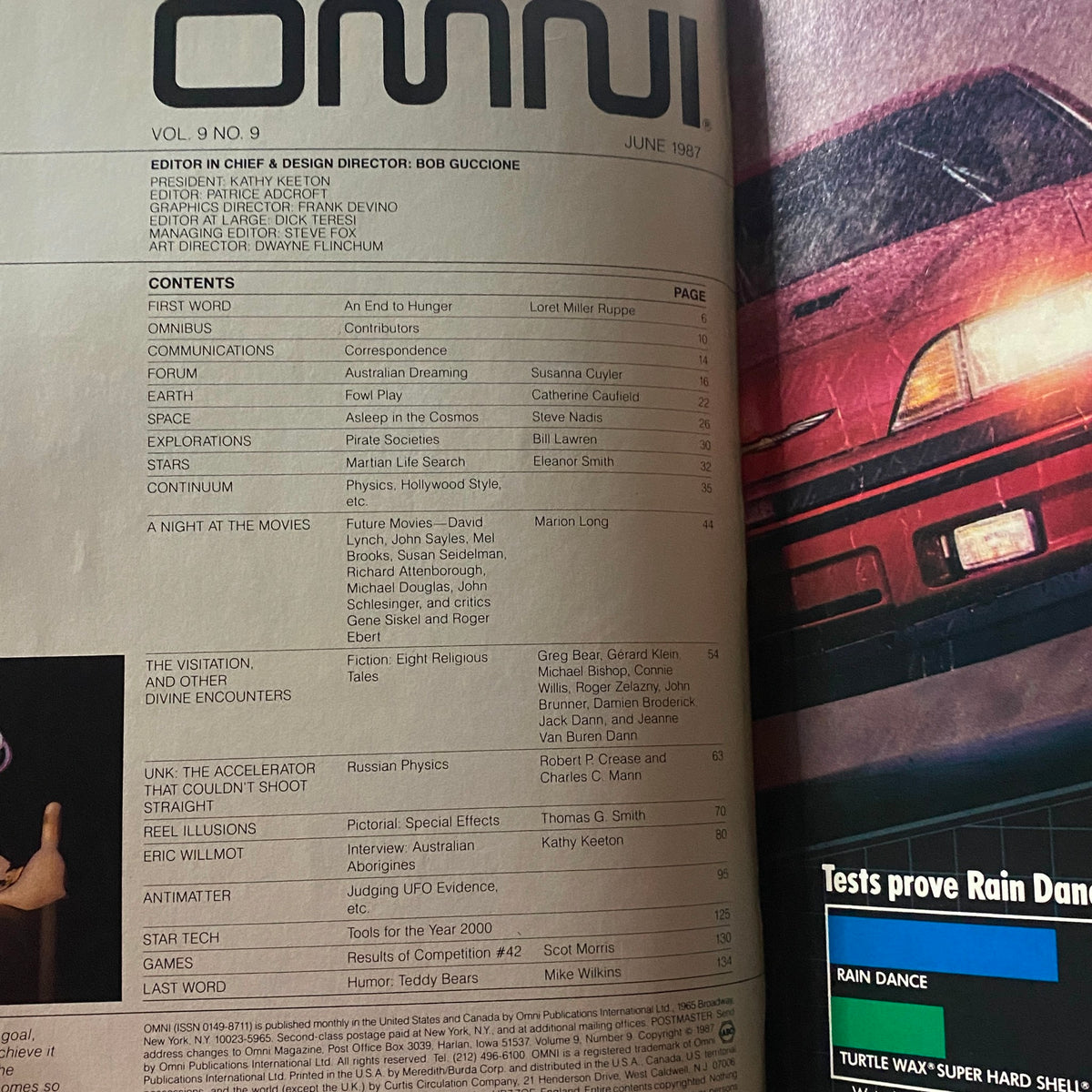 Contents page of VTG Omni Magazine June 1987 detailing articles including 'UNK: The Accelerator That Couldn't Shoot Straight' and 'A Night at the Movies'.