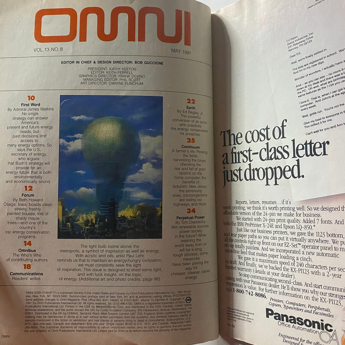 Inside spread of Omni Magazine May 1991 displaying the table of contents, including 'First Word' and various articles on energy and technology, highlighted by the cover image of a giant balloon over a metropolis.