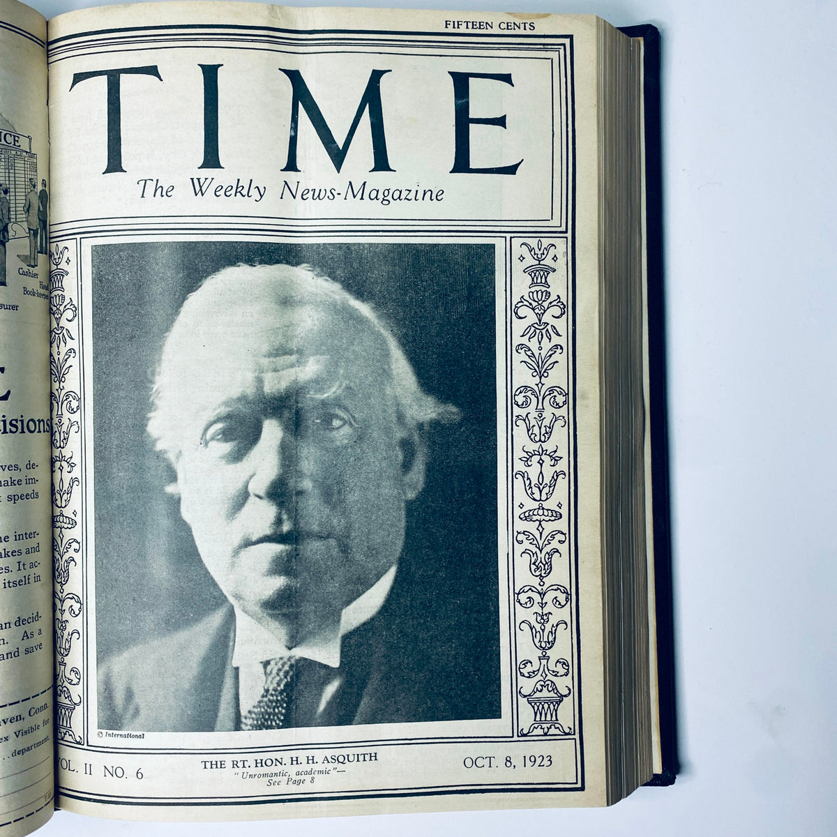 Cover page of Time Magazine from October 8, 1923, showcasing The Rt. Hon. H. H. Asquith, part of the Time Magazine Bound Weekly 1923 collection.