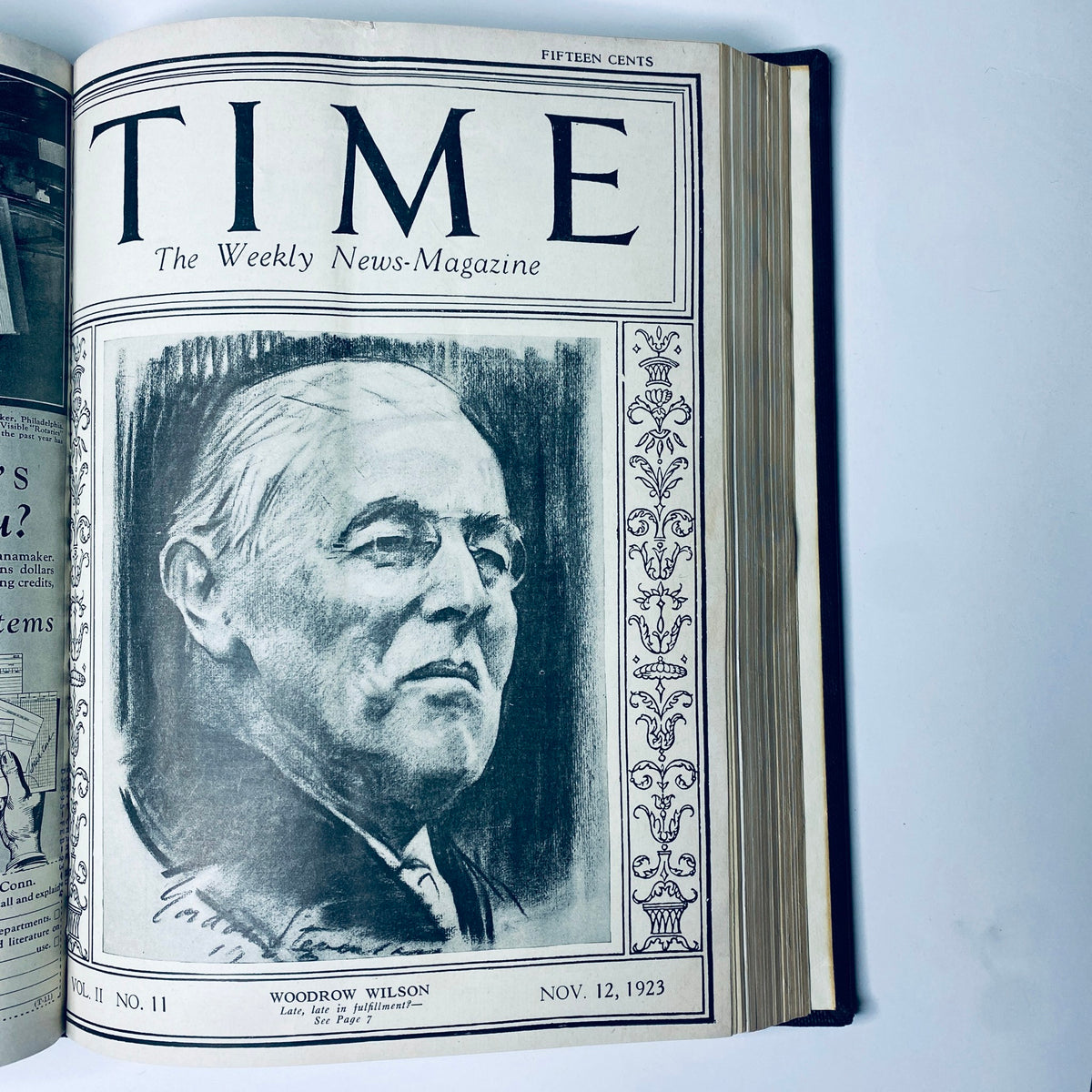 Time Magazine cover showcasing a portrait of Woodrow Wilson, published on November 12, 1923, included in the Time Magazine Bound Weekly 1923 Sep-Dec edition.