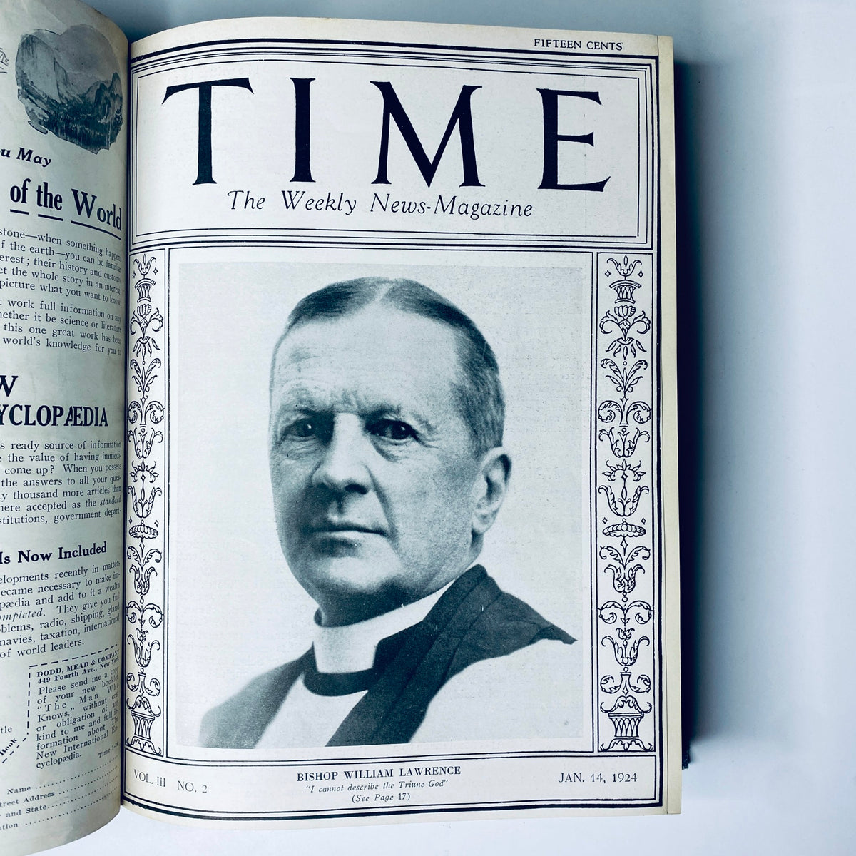Cover page of the Time Magazine Bound Weekly 1924 January - June Taft Borah King 26 issues, showcasing the image of Bishop William Lawrence from January 14, 1924.