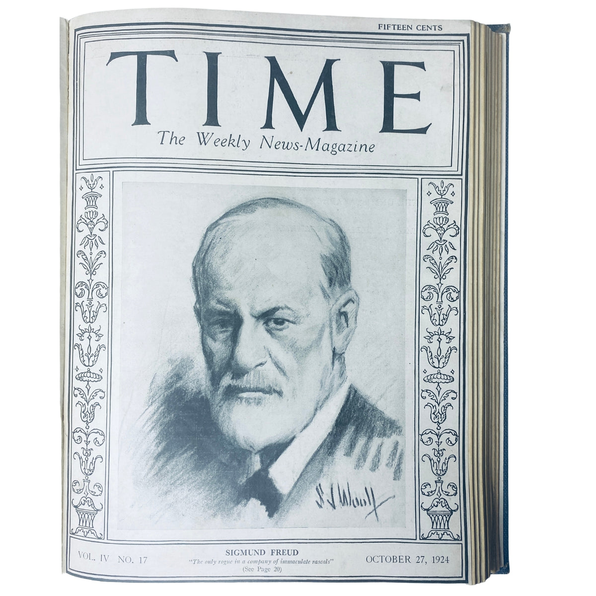 Time Magazine Bound Weekly July to December 1924 featuring Sigmund Freud on the cover, showcasing an artistic illustration of Freud's portrait.
