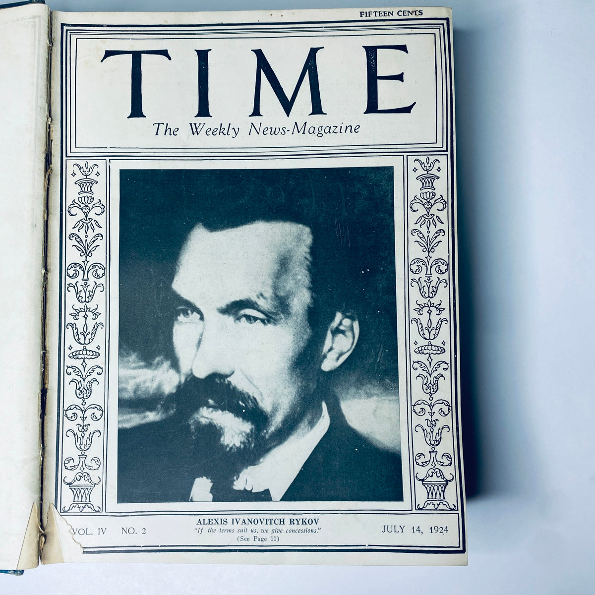 Cover of Time Magazine dated July 14, 1924, featuring Alexis Ivanotich Rykov, included in Time Magazine Bound Weekly 1924 July - December.