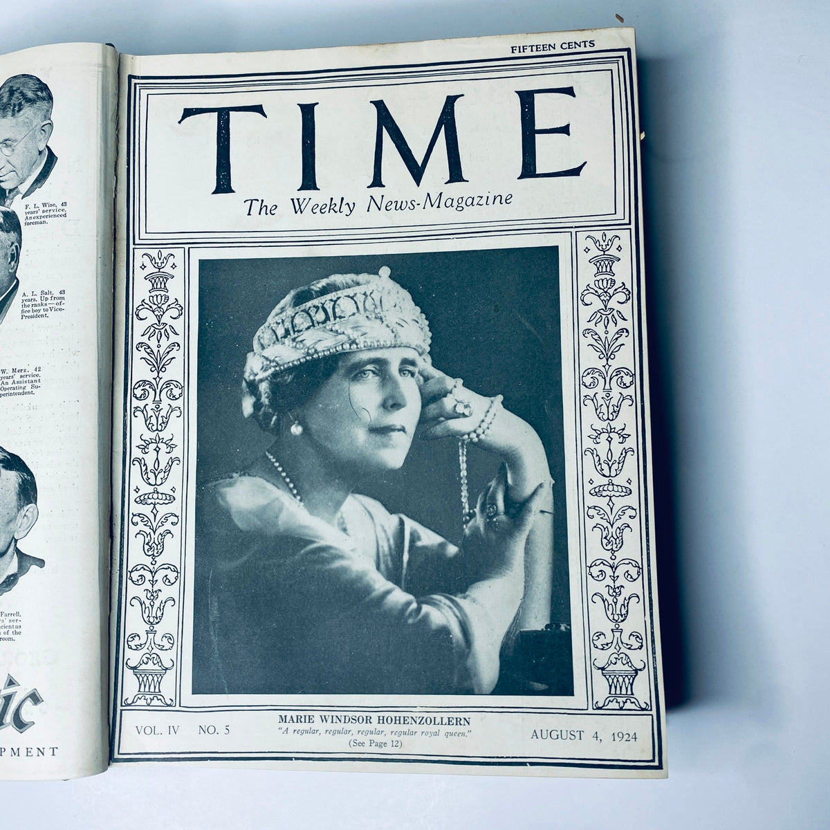 Time Magazine cover from August 4, 1924 showcasing Marie Windsor Hohenzollern, a notable personality, included in the bound volume for July to December 1924.