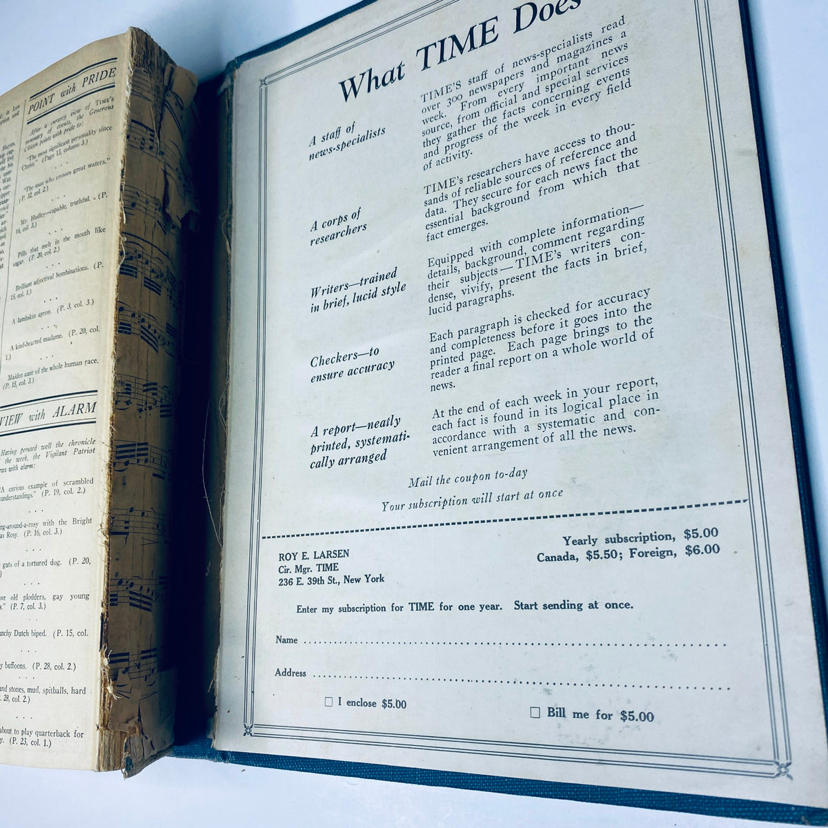 Interior page of Time Magazine Bound Weekly, detailing subscription offers and editorial staff roles. This edition covers issues from July to December 1924.